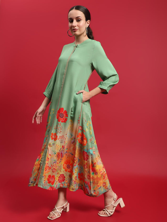 Women Liva (Rayon) Green Floral Print Dress.