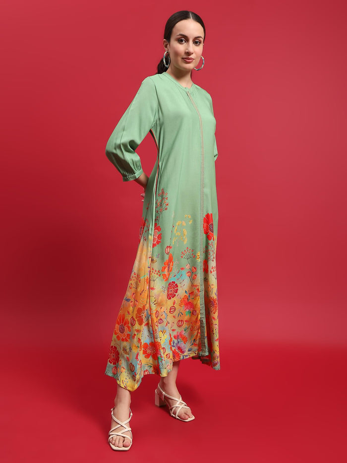 Women Liva (Rayon) Green Floral Print Dress.