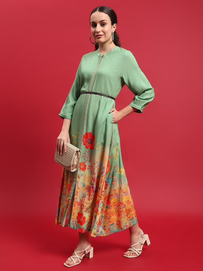 Women Liva (Rayon) Green Floral Print Dress.