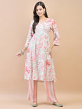 Women Liva (Rayon) Green Floral Print Kurta With Comfort Pant.