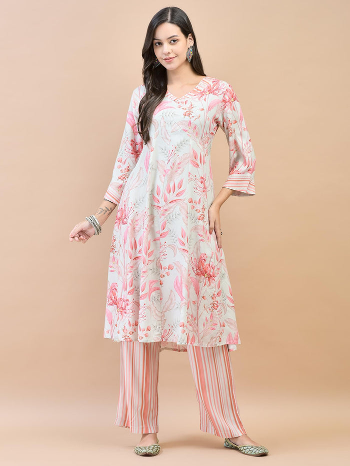 Women Liva (Rayon) Green Floral Print Kurta With Comfort Pant.