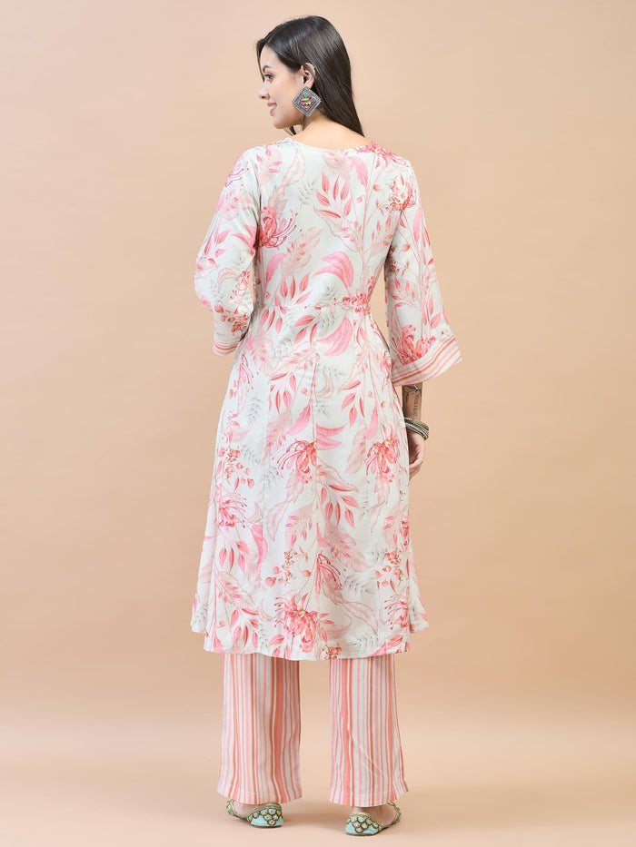 Women Liva (Rayon) Green Floral Print Kurta With Comfort Pant.