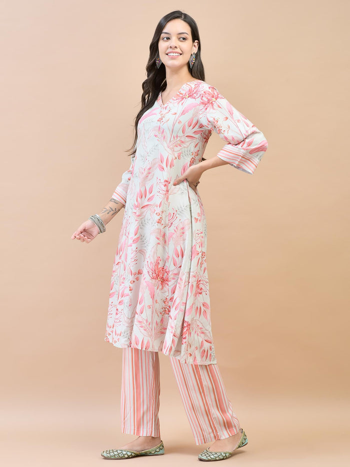Women Liva (Rayon) Green Floral Print Kurta With Comfort Pant.
