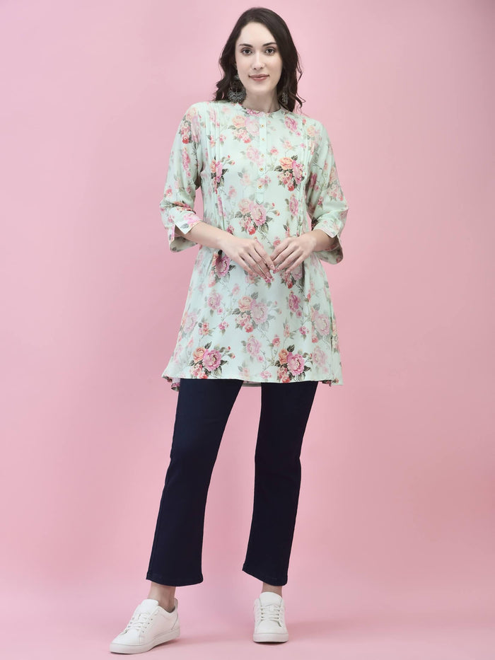 Women Liva Rayon Green Floral Print Kurti.