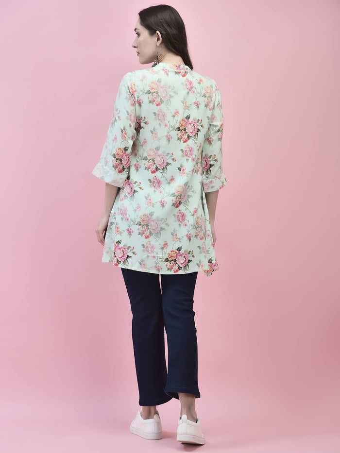 Women Liva Rayon Green Floral Print Kurti.