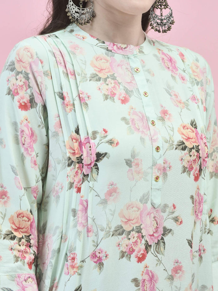 Women Liva Rayon Green Floral Print Kurti.