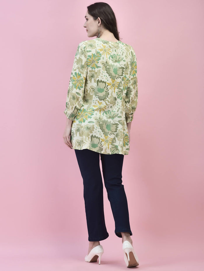 Women Liva Rayon Green Floral Print Tunic.