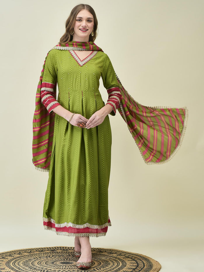 Women Liva Rayon Green Geometric Print Dress With Dupatta.