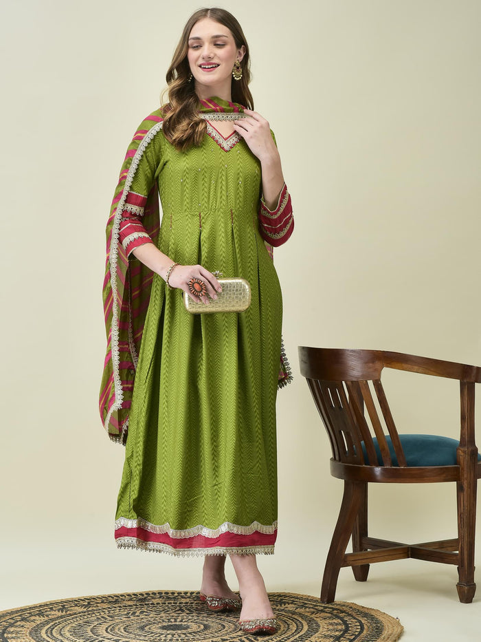 Women Liva Rayon Green Geometric Print Dress With Dupatta.
