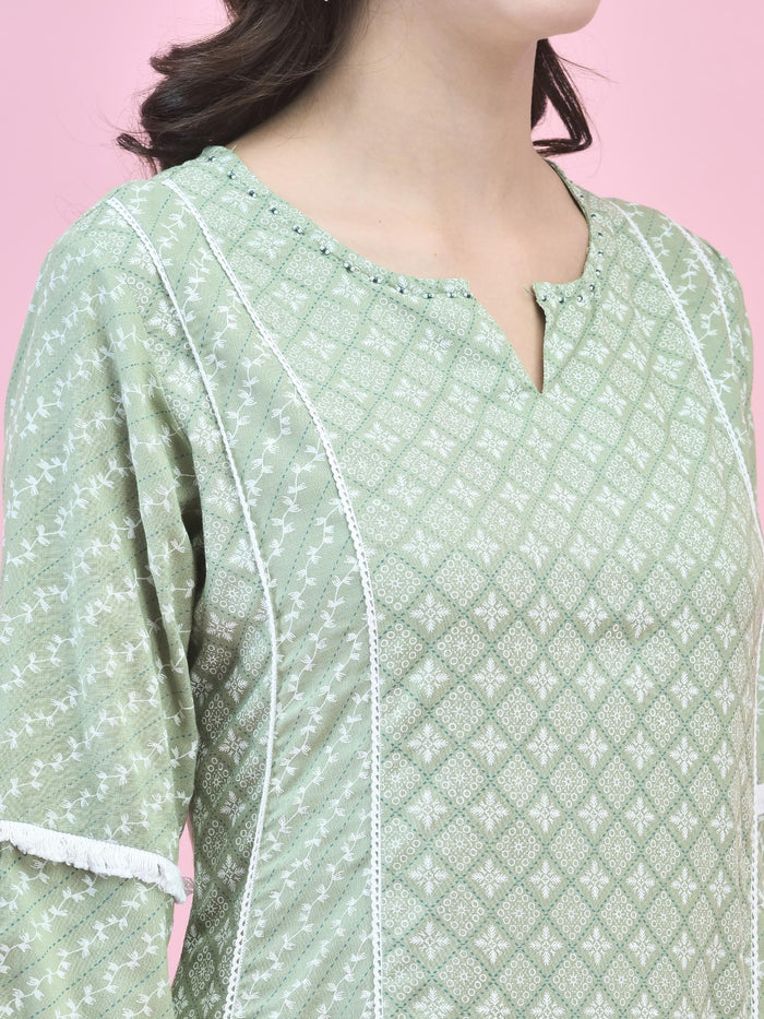 Women Liva (Rayon) Green Geometric Print Kurta With Comfort Pant.