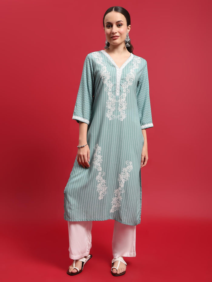 Women Liva (Rayon) Green Ornamental Print Kurta With Comfort Pant.