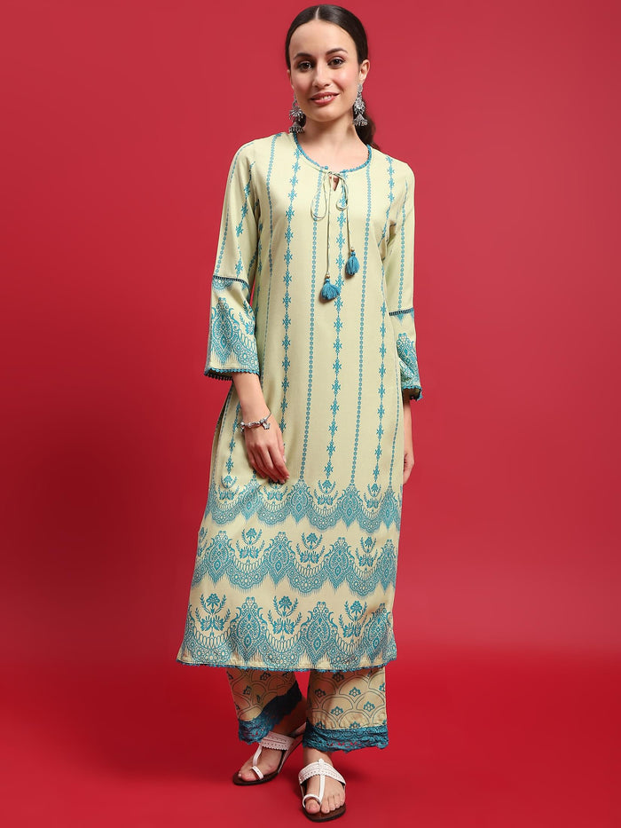 Women Liva Rayon Green Ornamental Print Kurta With Comfort Pant.