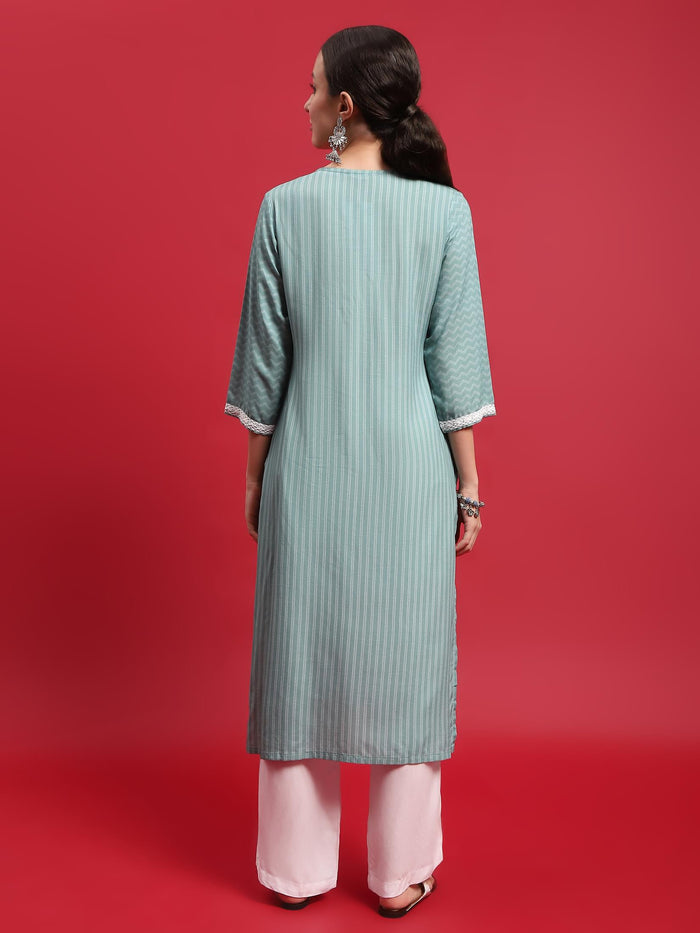 Women Liva (Rayon) Green Ornamental Print Kurta With Comfort Pant.
