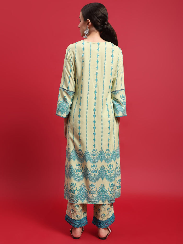 Women Liva Rayon Green Ornamental Print Kurta With Comfort Pant.