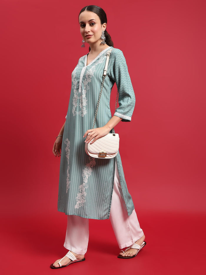 Women Liva (Rayon) Green Ornamental Print Kurta With Comfort Pant.