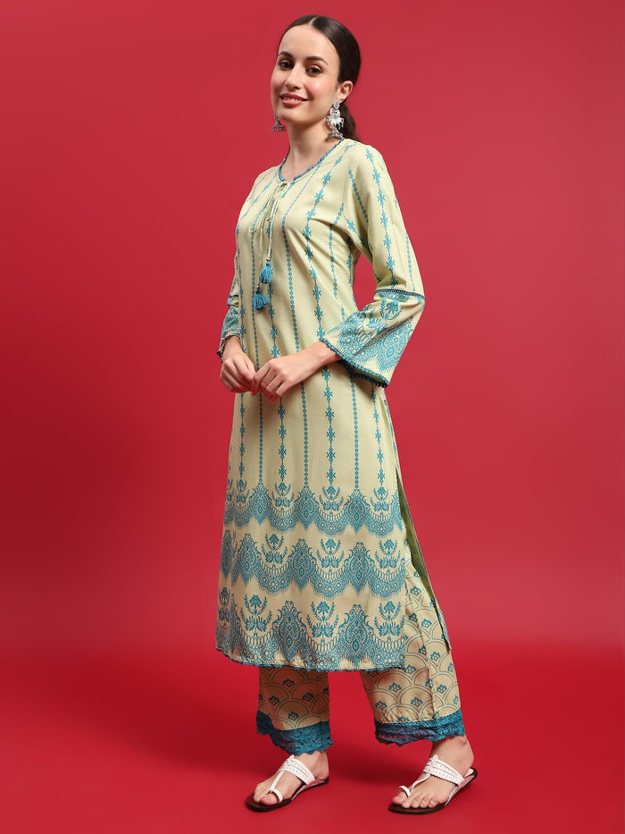 Women Liva Rayon Green Ornamental Print Kurta With Comfort Pant.