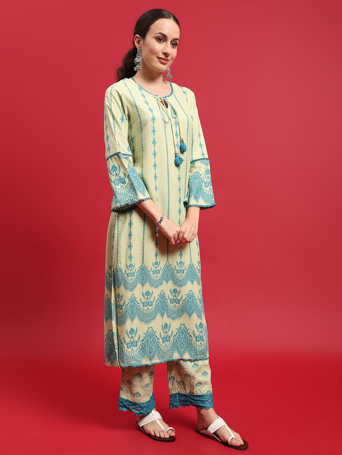 Women Liva Rayon Green Ornamental Print Kurta With Comfort Pant.