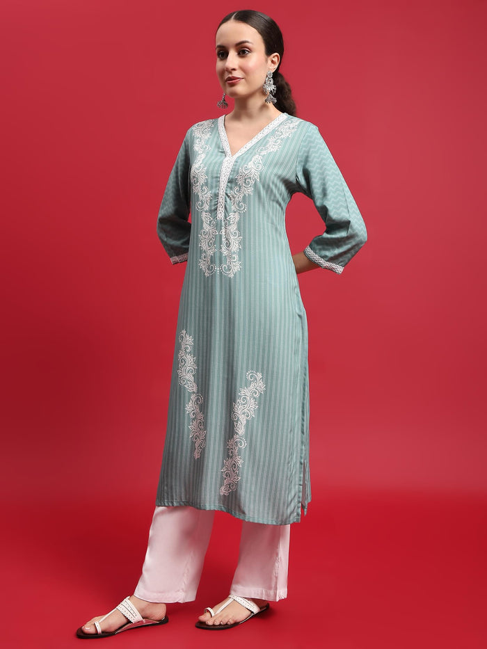 Women Liva (Rayon) Green Ornamental Print Kurta With Comfort Pant.