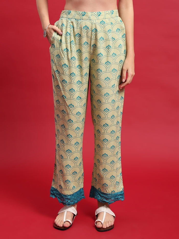 Women Liva Rayon Green Ornamental Print Kurta With Comfort Pant.