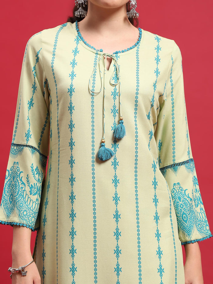 Women Liva Rayon Green Ornamental Print Kurta With Comfort Pant.