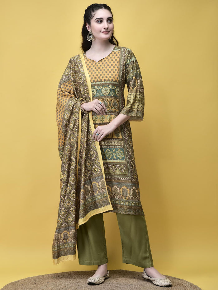 Women Liva Rayon Green Placement Print Kurta Comfort Pant Dupatta.