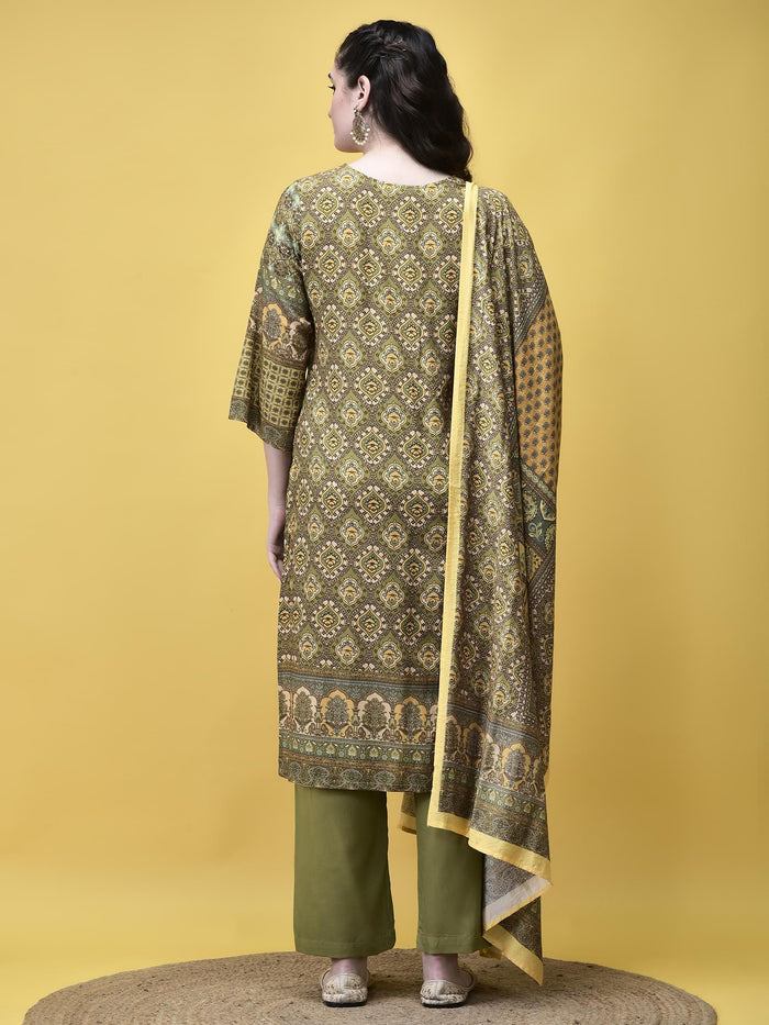 Women Liva Rayon Green Placement Print Kurta Comfort Pant Dupatta.