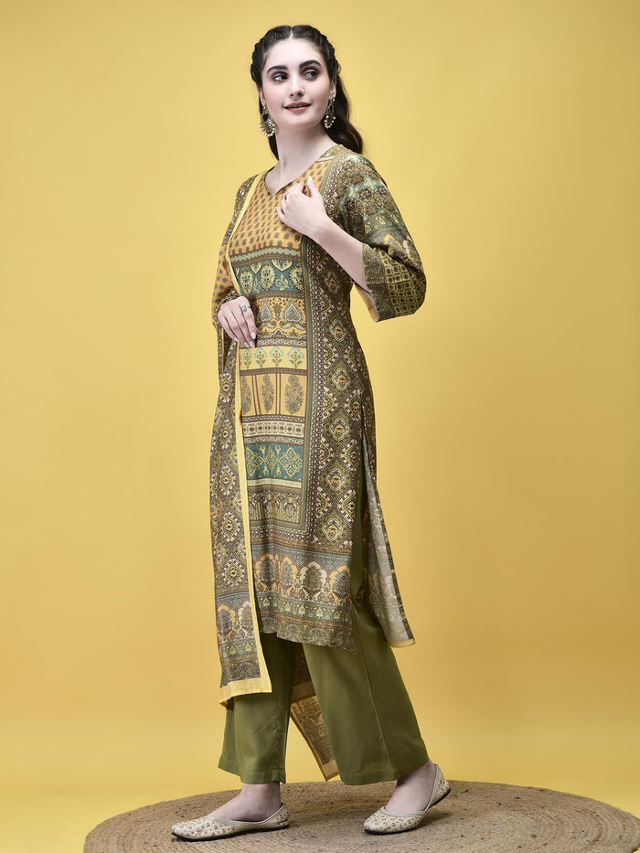 Women Liva Rayon Green Placement Print Kurta Comfort Pant Dupatta.