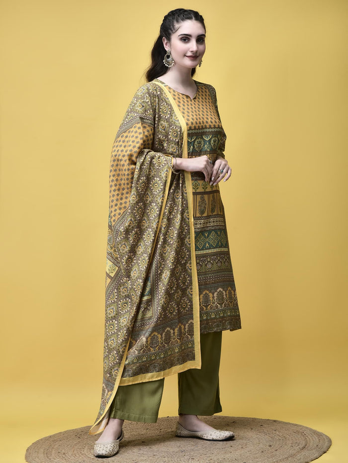 Women Liva Rayon Green Placement Print Kurta Comfort Pant Dupatta.