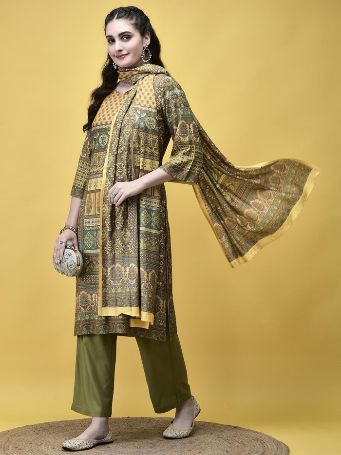 Women Liva Rayon Green Placement Print Kurta Comfort Pant Dupatta.