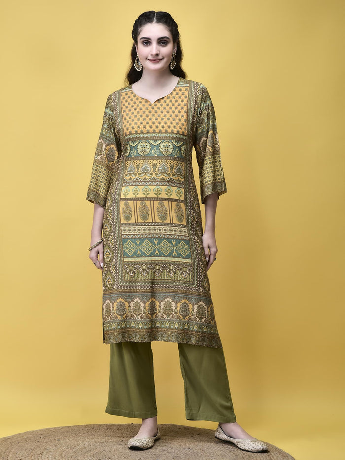 Women Liva Rayon Green Placement Print Kurta Comfort Pant Dupatta.