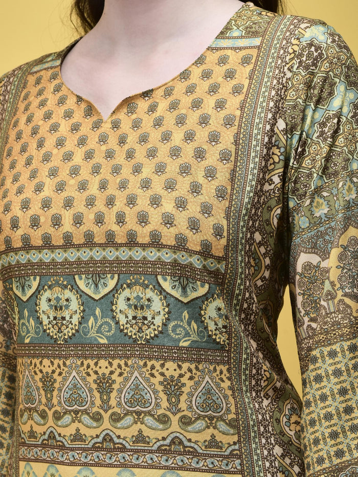 Women Liva Rayon Green Placement Print Kurta Comfort Pant Dupatta.