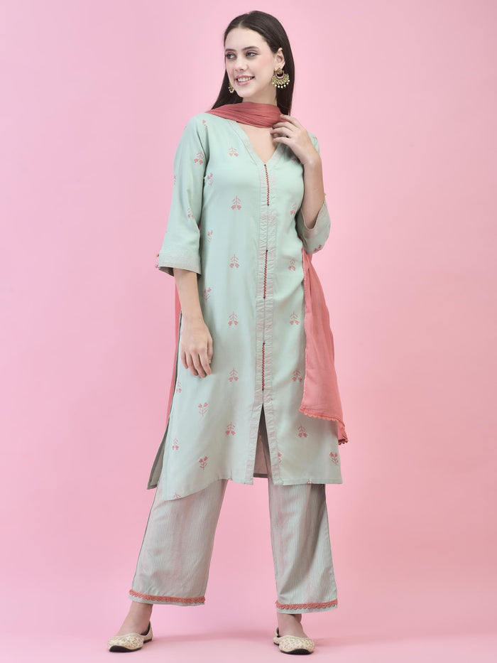 Women Liva (Rayon) Green Printed Kurta Comfort Pant Dupatta.