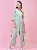 Women Liva (Rayon) Green Printed Kurta Comfort Pant Dupatta.