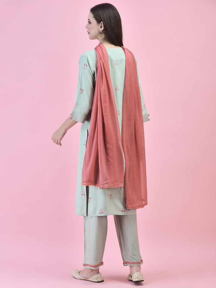 Women Liva (Rayon) Green Printed Kurta Comfort Pant Dupatta.