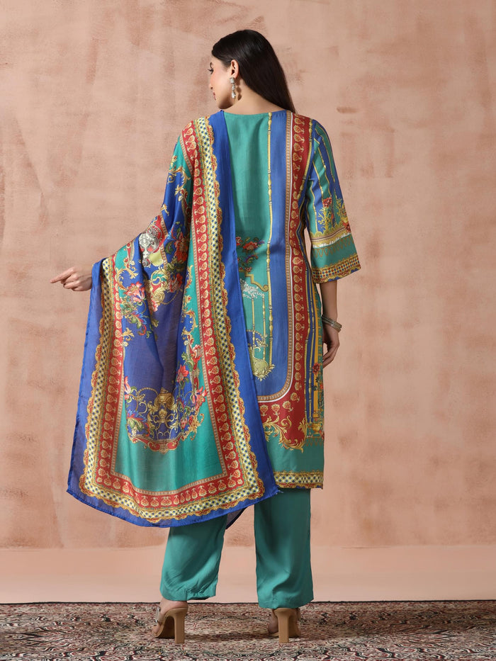 Women Liva Rayon Green Printed Kurta Comfort Pant Dupatta.