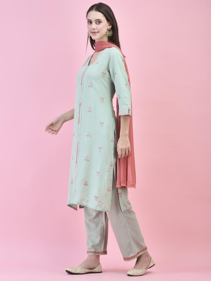 Women Liva (Rayon) Green Printed Kurta Comfort Pant Dupatta.