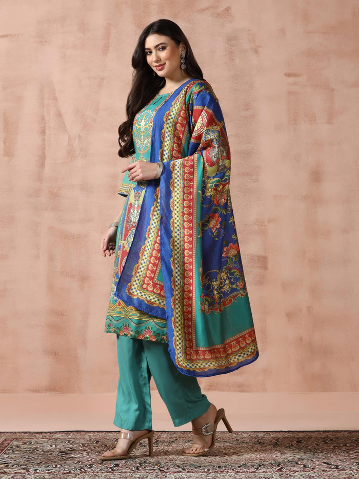 Women Liva Rayon Green Printed Kurta Comfort Pant Dupatta.