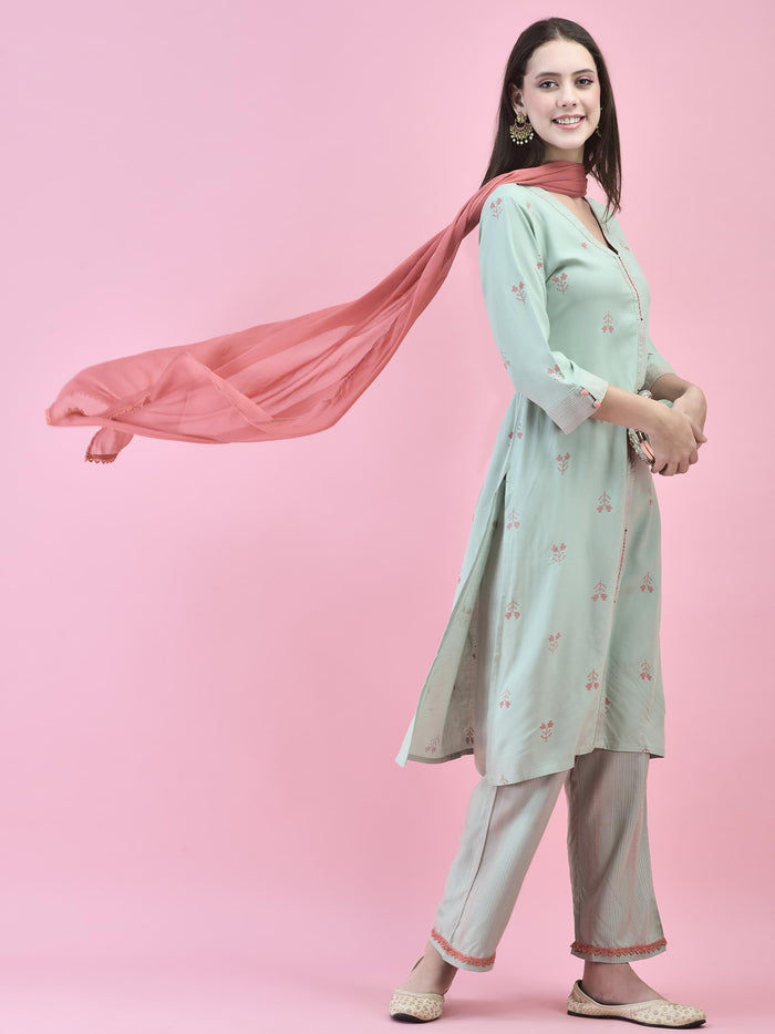 Women Liva (Rayon) Green Printed Kurta Comfort Pant Dupatta.