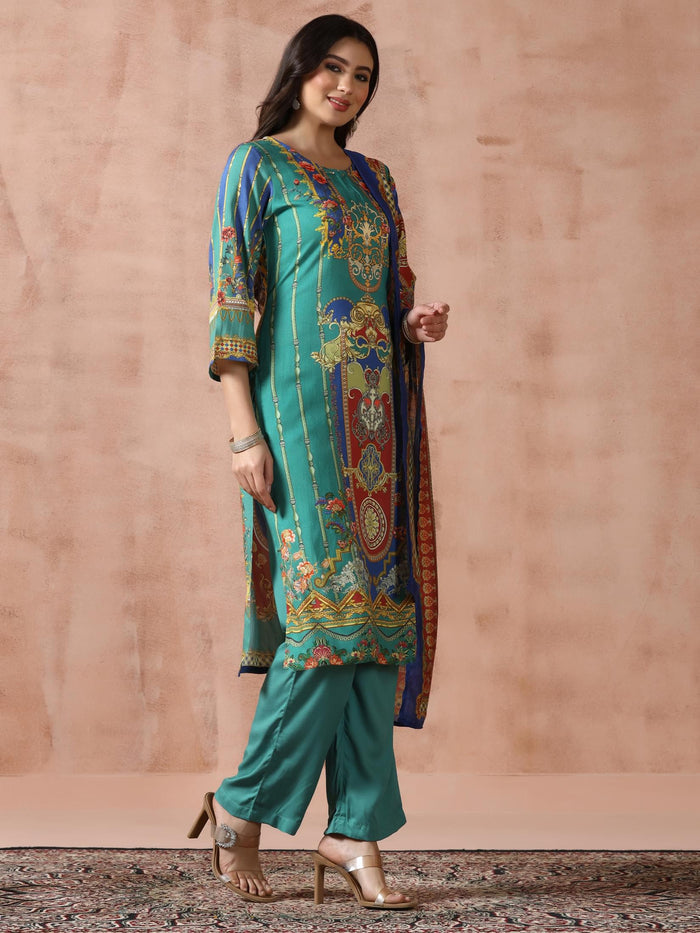 Women Liva Rayon Green Printed Kurta Comfort Pant Dupatta.