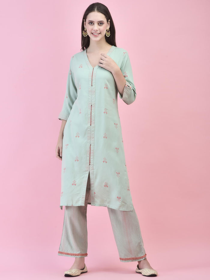 Women Liva (Rayon) Green Printed Kurta Comfort Pant Dupatta.