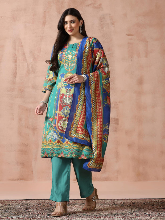 Women Liva Rayon Green Printed Kurta Comfort Pant Dupatta.