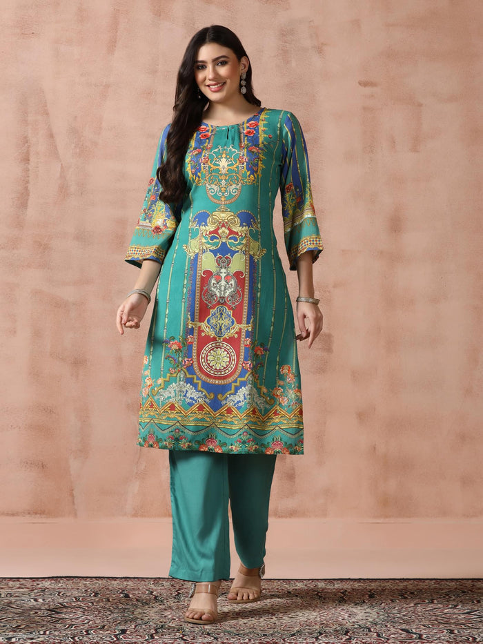 Women Liva Rayon Green Printed Kurta Comfort Pant Dupatta.
