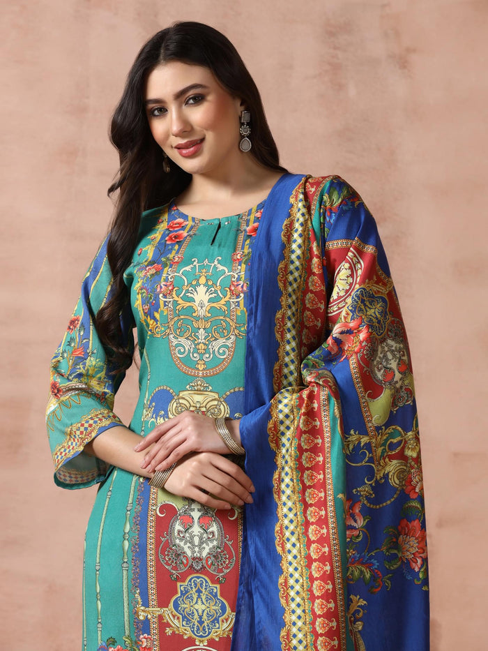 Women Liva Rayon Green Printed Kurta Comfort Pant Dupatta.