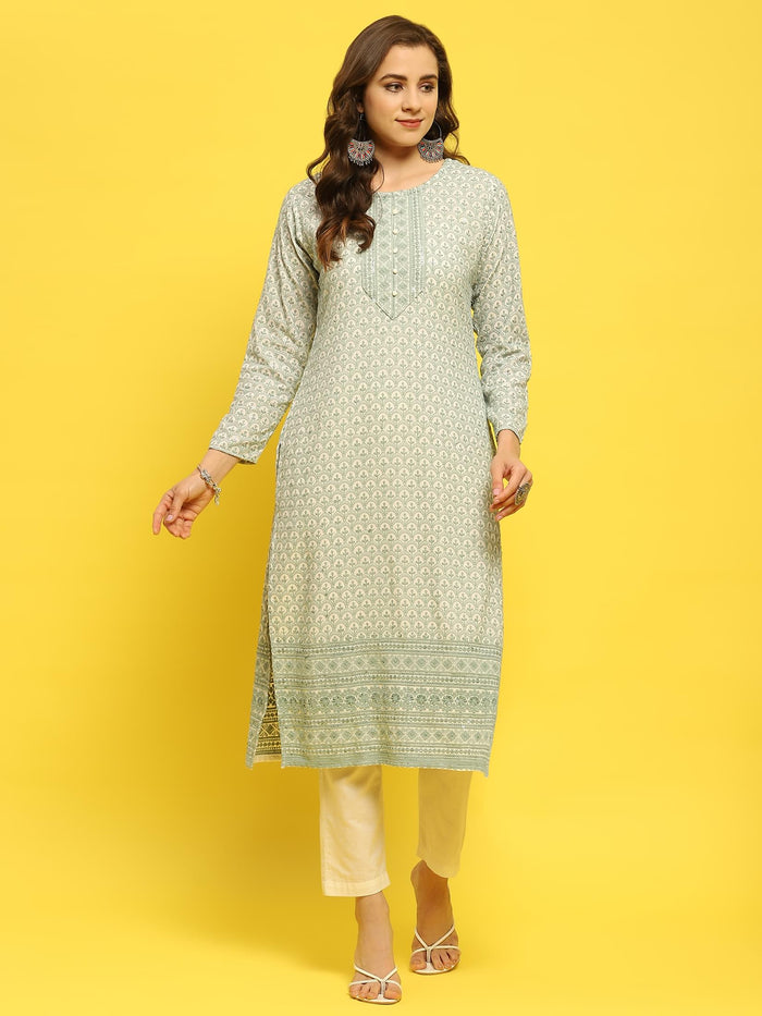Women Liva Rayon Green Schiffli Embroidered Kurta.