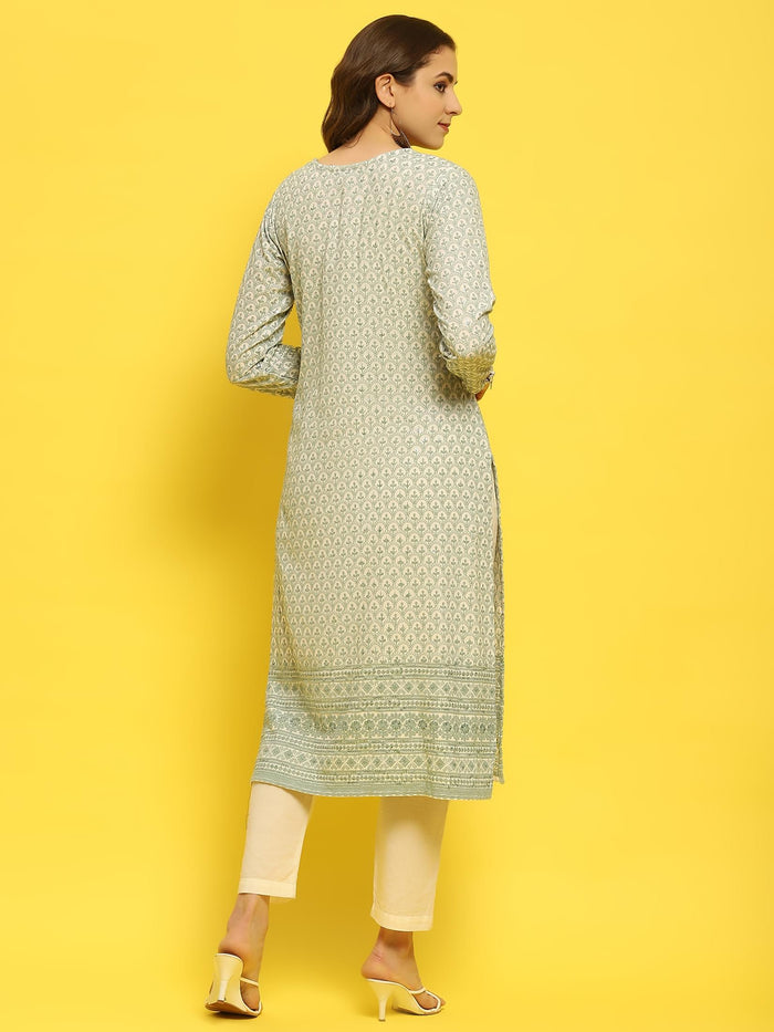 Women Liva Rayon Green Schiffli Embroidered Kurta.