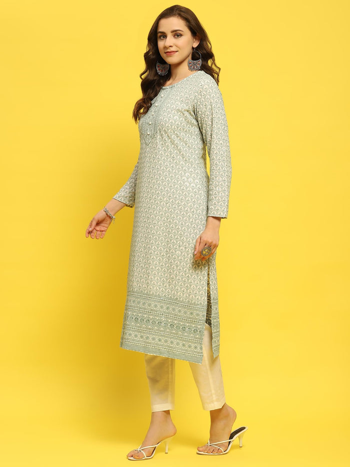 Women Liva Rayon Green Schiffli Embroidered Kurta.