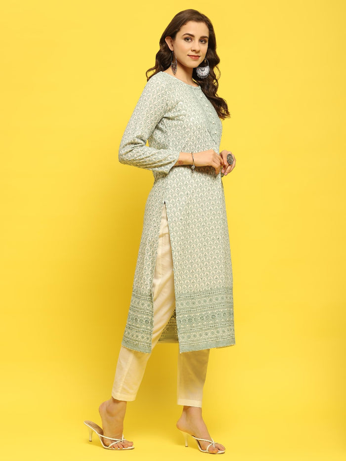 Women Liva Rayon Green Schiffli Embroidered Kurta.
