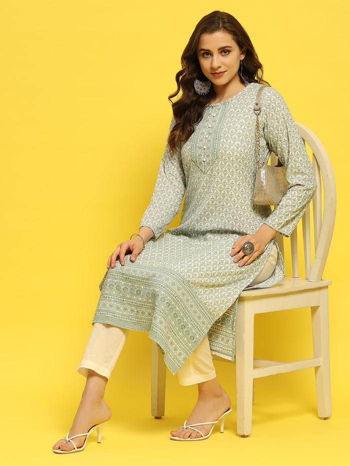 Women Liva Rayon Green Schiffli Embroidered Kurta.