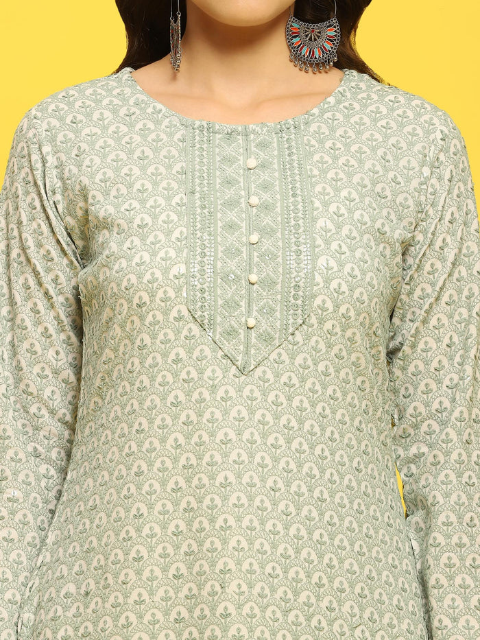 Women Liva Rayon Green Schiffli Embroidered Kurta.