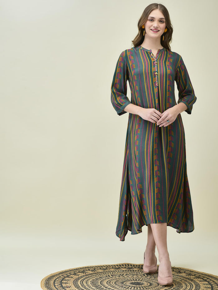 Women Liva Rayon Green Stripe Print Dress.